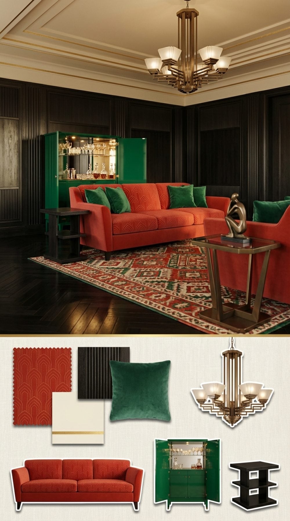Second Art Deco Living Room with a Vermillion Sofa, Ebonized Oak, and Emerald Accents