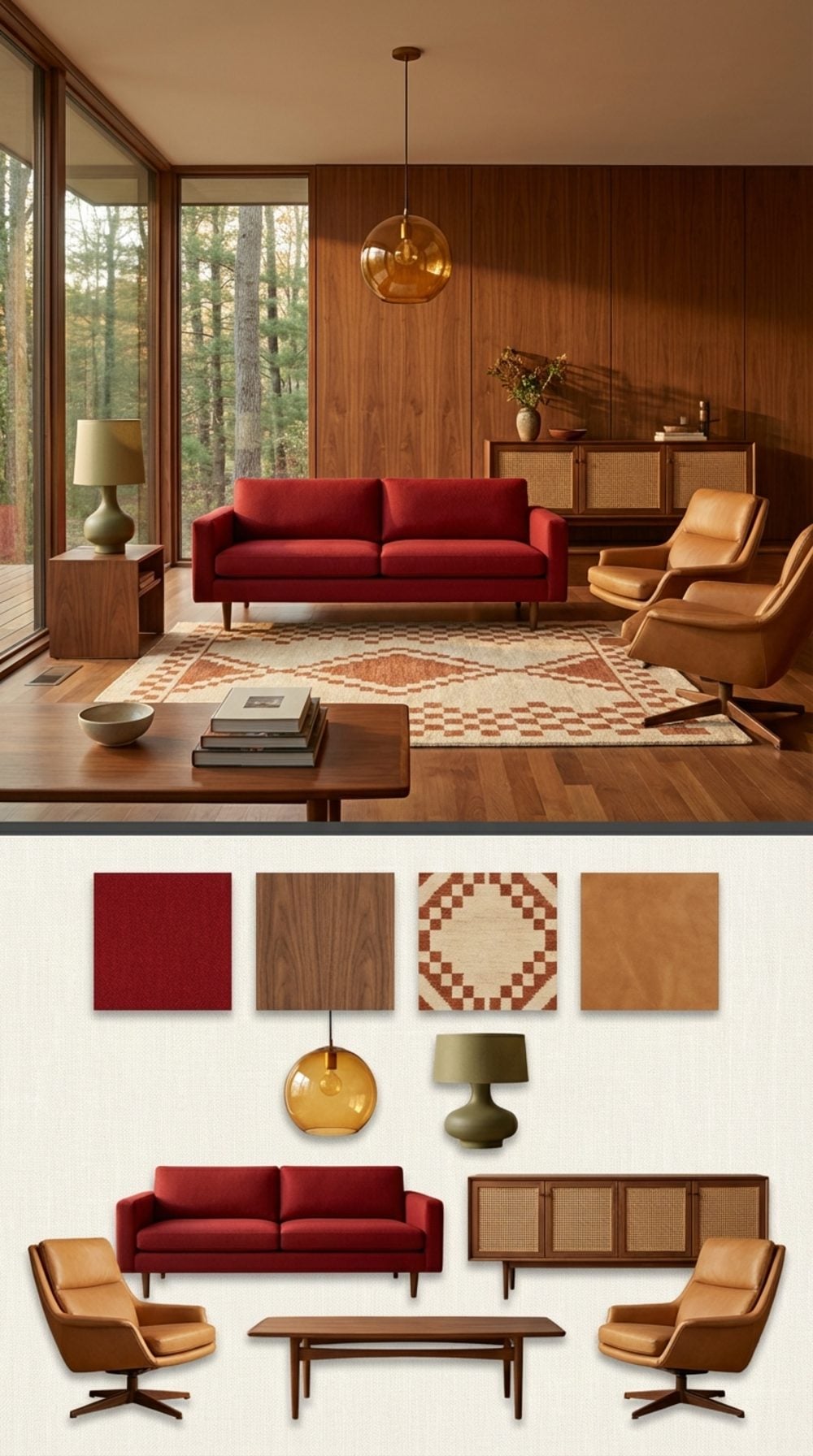 Mid-Century Modern Living Room with a Cherry Red Sofa, Walnut, and Warm Amber Glass
