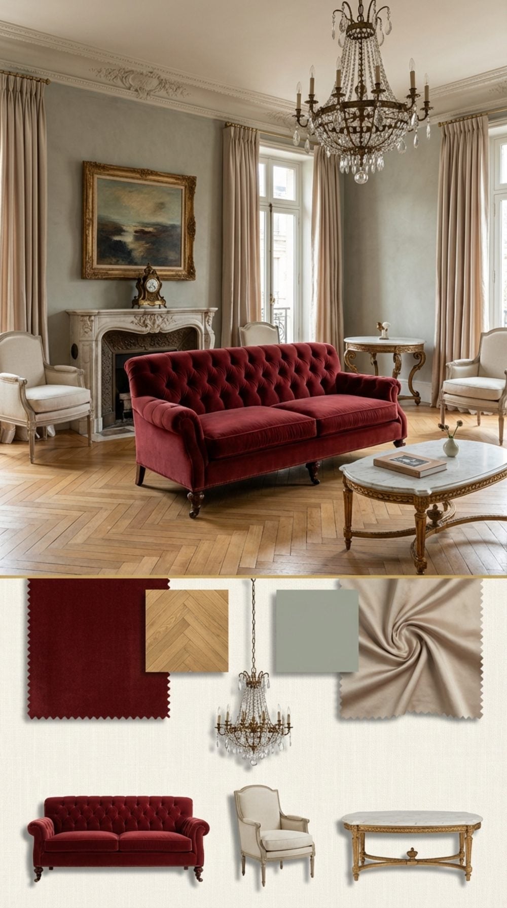 Parisian Haute Living Room with a Rouge Sofa, Herringbone Parquet, and Patinated Bronze