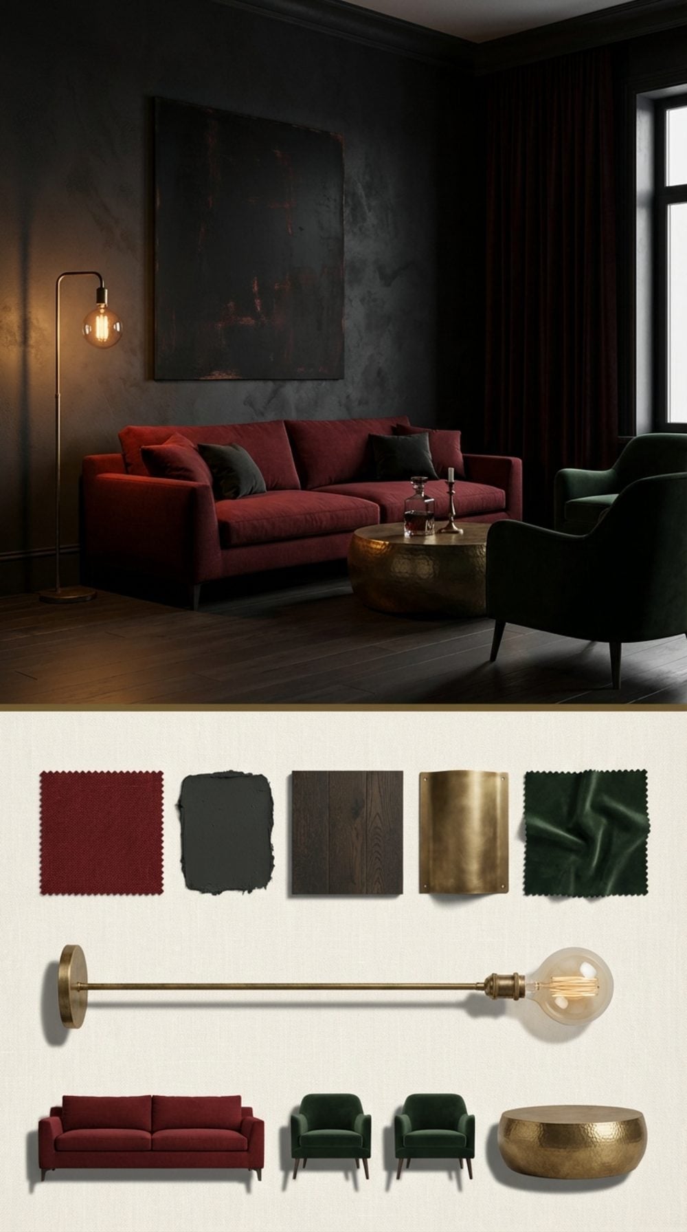 Dark Moody Luxe Living Room with a Blood Red Sofa, Charcoal Walls, and Aged Brass