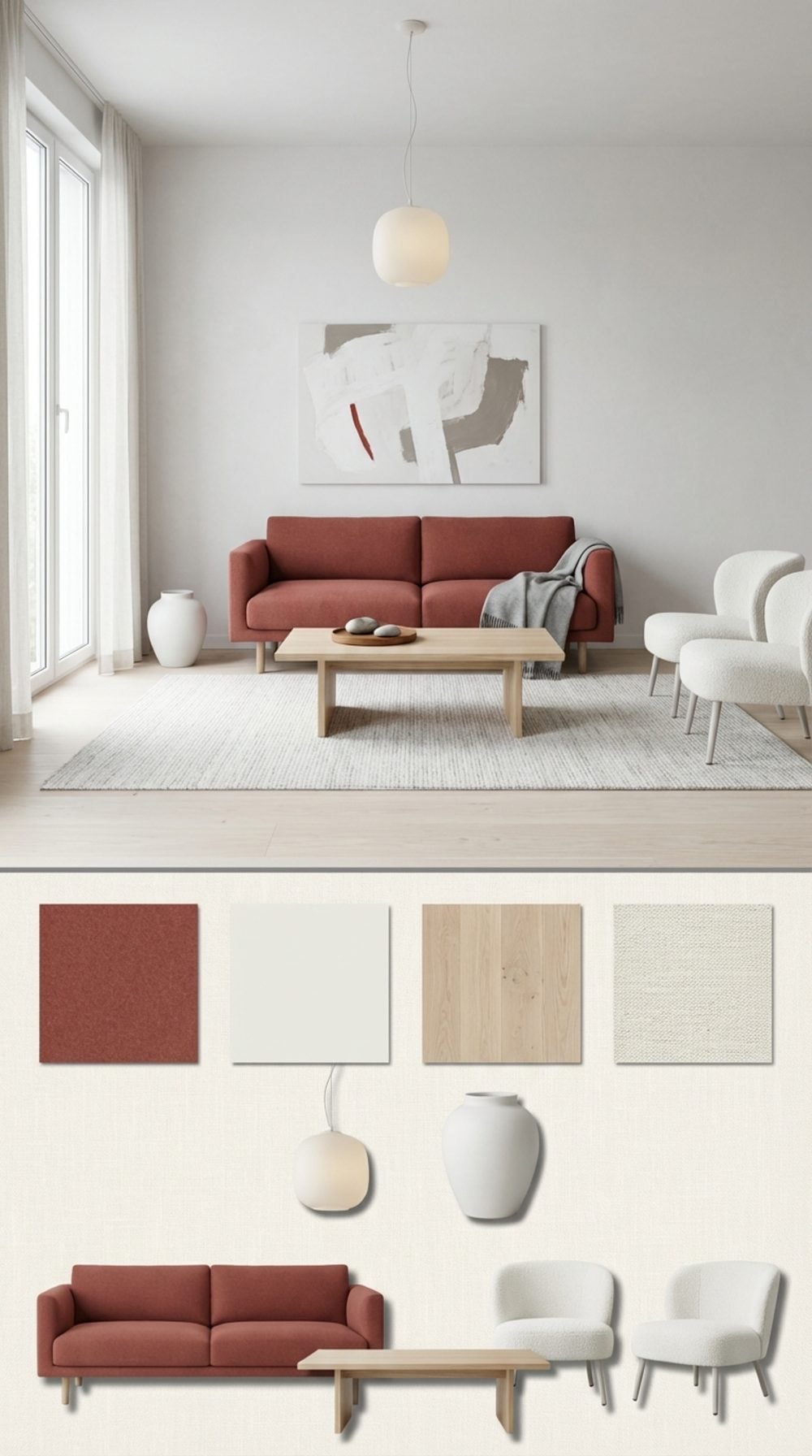 Scandinavian Luxe Living Room with a Muted Red Sofa, Pale Ash, and Soft White Plaster