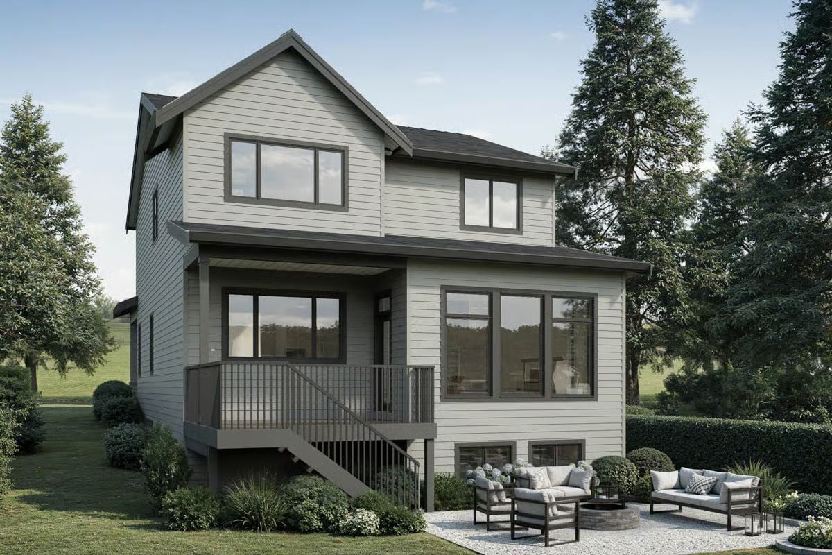 Elevated Rear Elevation with Covered Deck and Patio Seating Area