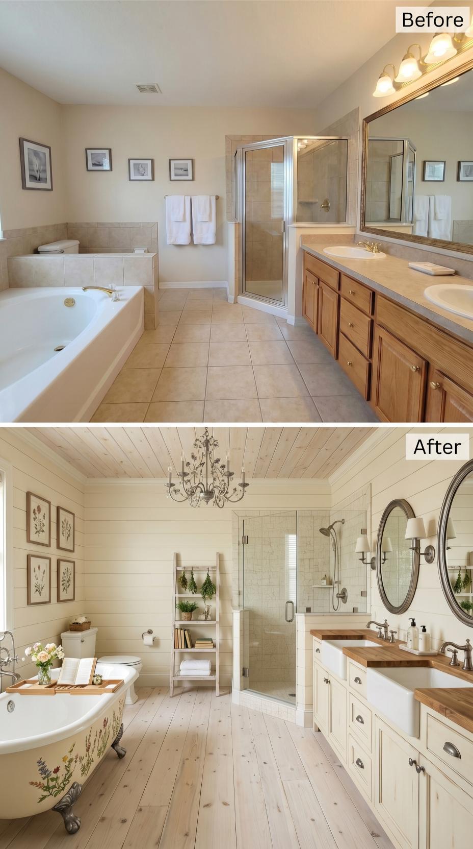 Shiplap Ceiling, Botanical Clawfoot Tub, and Farmhouse Vanity That Finished Off the Oak Cabinets