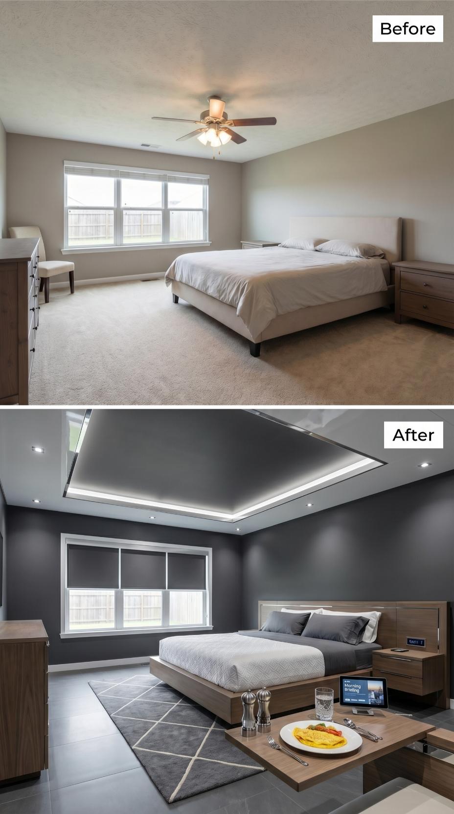 Charcoal Tray Ceiling with LED Cove Strip Replaces Fan and Carpet for Dark-Palette Drama