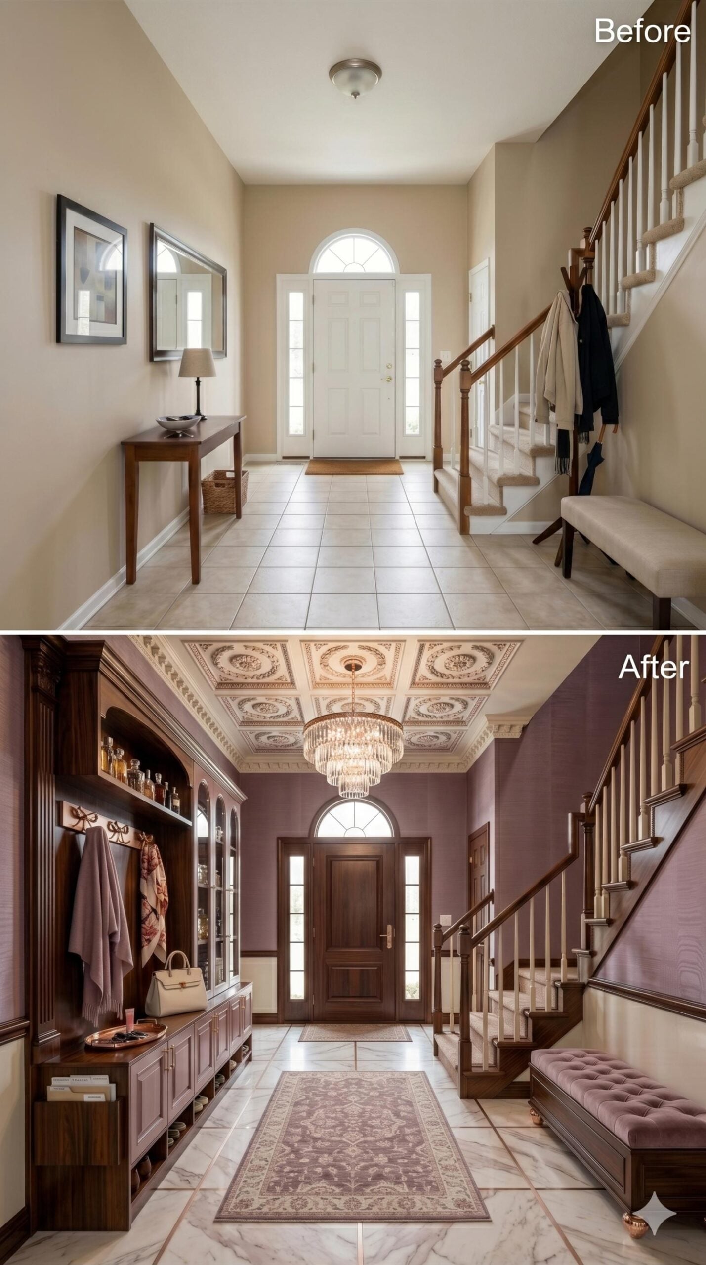 Mauve Walls, Coffered Plasterwork, and Dark Mahogany Built-Ins Give a Foyer Real Weight