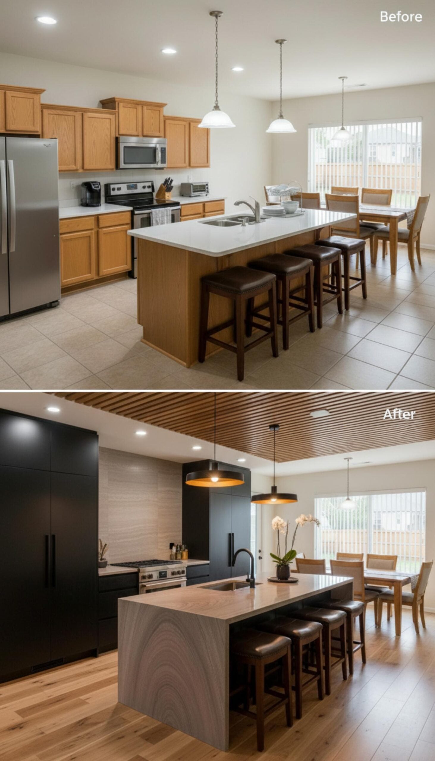 Matte Black Flat-Fronts, Walnut Slat Ceiling, and a Wood-Grain Island Counter Signal a Serious Upgrade