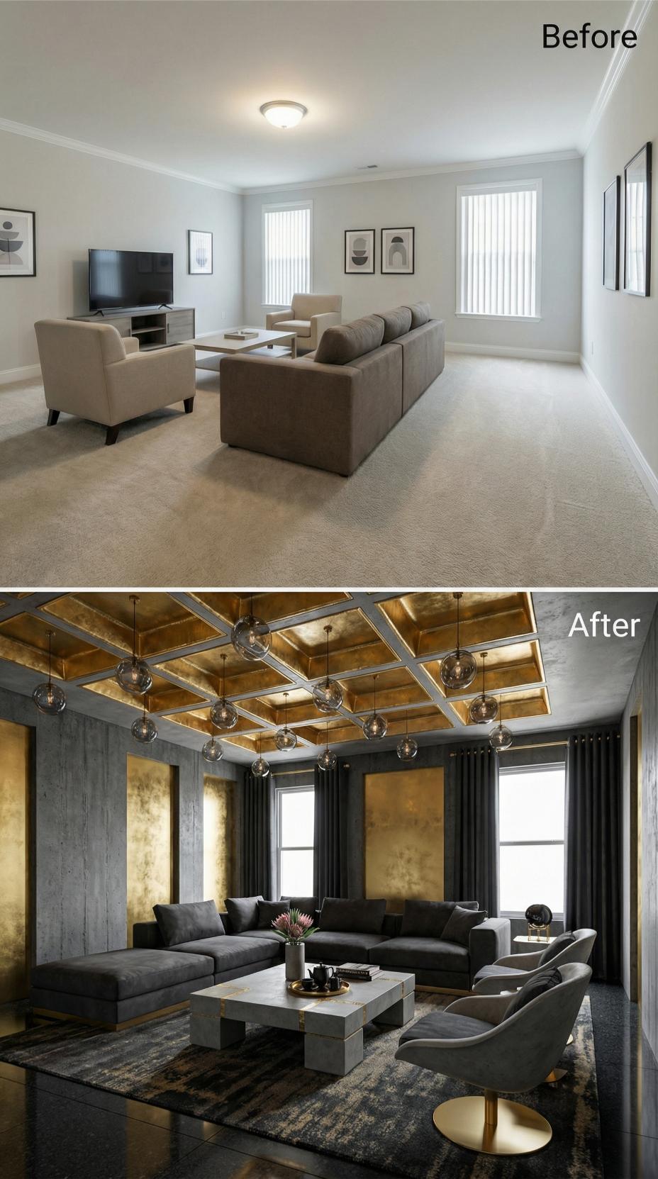 Gold Leaf Coffered Ceilings Made Flat Drywall and Vertical Blinds Irrelevant