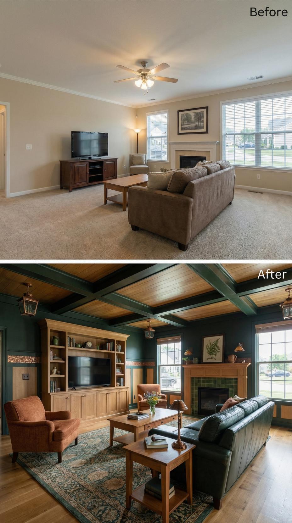 Dark Green Walls and a Coffered Wood Ceiling Bury Beige Carpet Under Craftsman Character