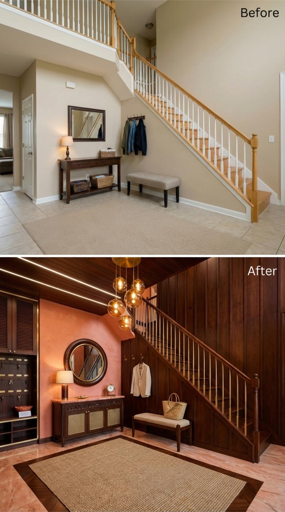 Dark Walnut Paneling, Terracotta Plaster, and Amber Pendants Bury Oak Spindles for Good