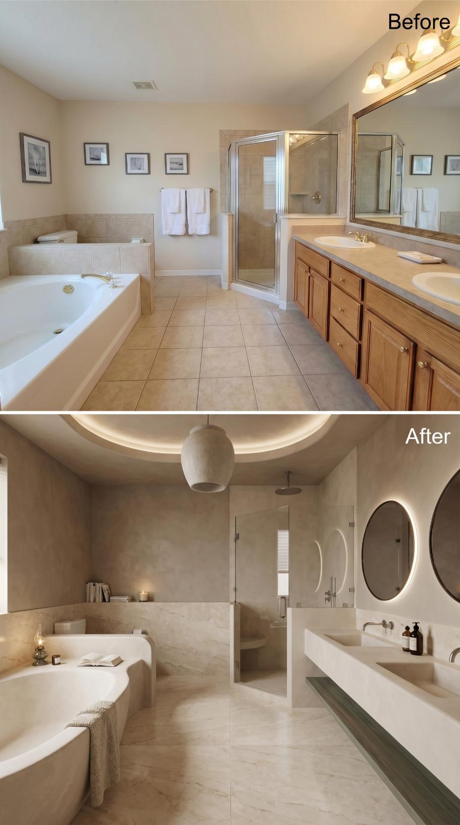 Limewash Walls, a Recessed Oval Ceiling, and Round Backlit Mirrors That Finished Off the Oak Vanity