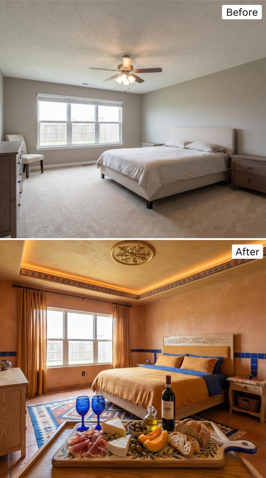 Tuscan Tray Ceiling and Cobalt Tile Wainscoting Swap Fan and Carpet for Mediterranean Warmth