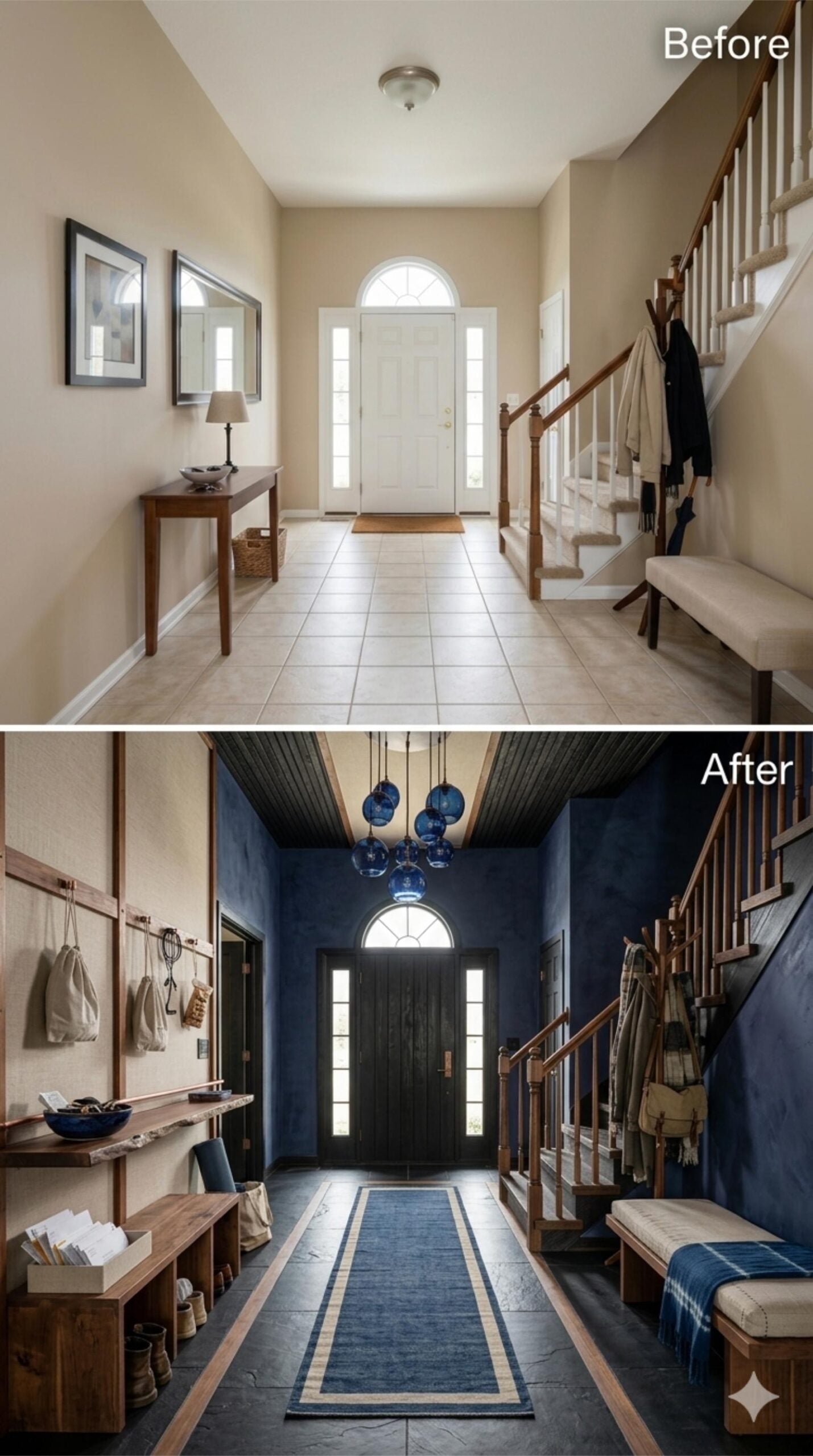 Cobalt Plaster Walls, Blue Globe Pendants, and a Dark Ceiling Turn a Foyer Into a Proper Arrival