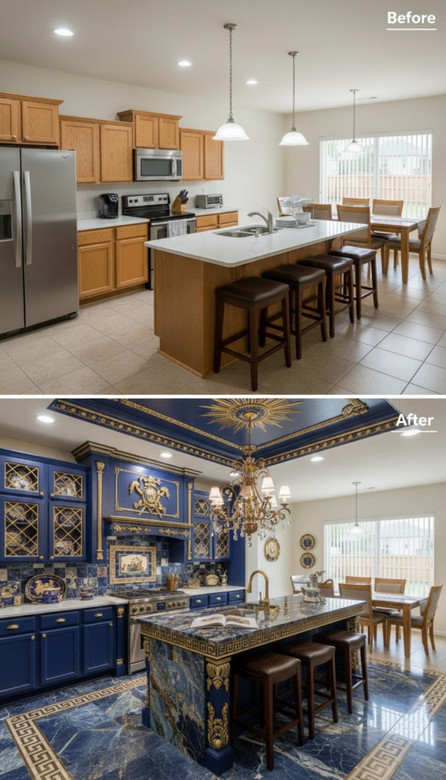 Royal Blue Lacquer, Gold Sunburst Ceiling Medallion, and Sodalite Marble Island Make a Clear Announcement