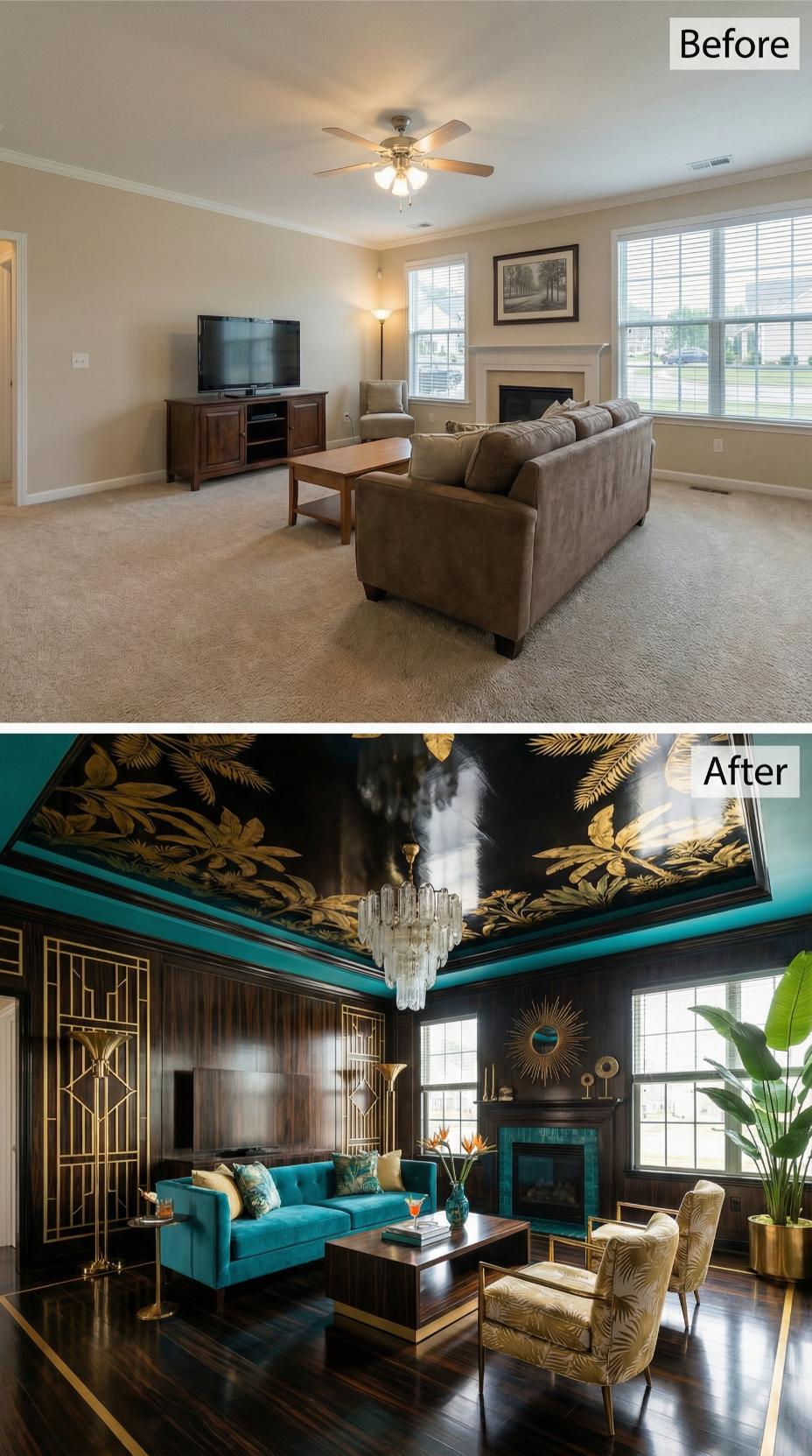 Black Lacquer Ceiling Mural and Teal Velvet Sofa Dismantle a Beige Subdivision Box