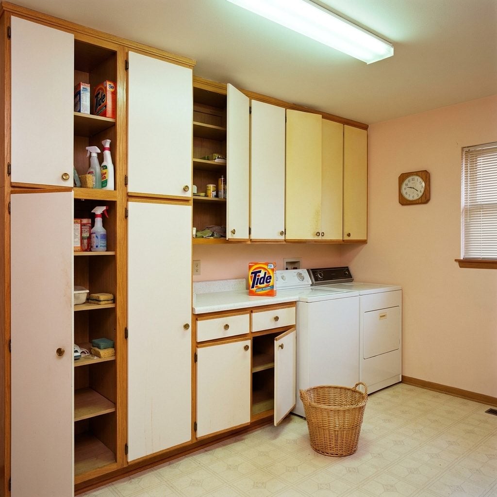 White Melamine Cabinets With Brass Pulls and Oak Trim That Screamed 'Upgraded'