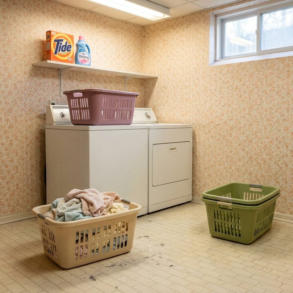Plastic Laundry Baskets in Almond, Mauve, and Avocado That Matched Absolutely Nothing