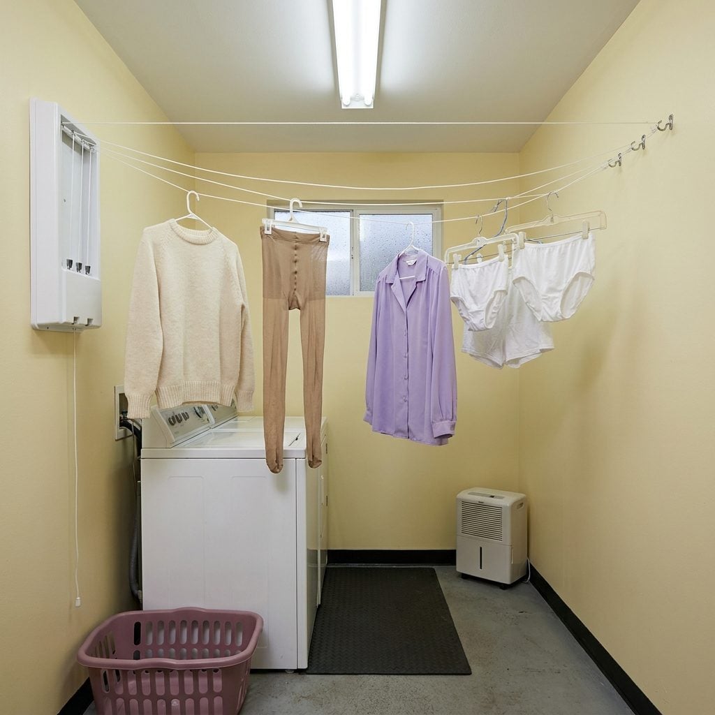 Retractable Clotheslines Stretched Across the Room Because the Dryer Couldn't Handle Everything