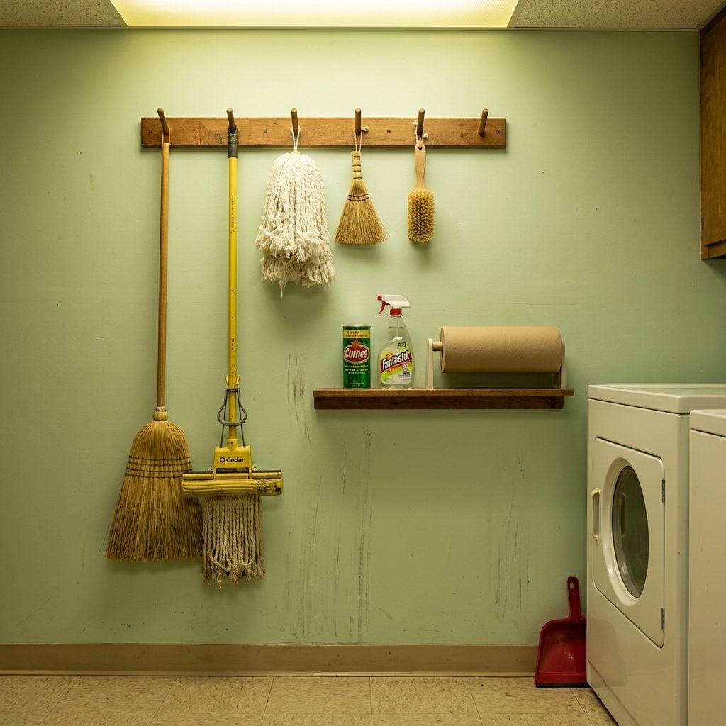 The Peg Rack Wall Holding Every Mop, Broom, and O-Cedar Sponge Mop You've Ever Seen