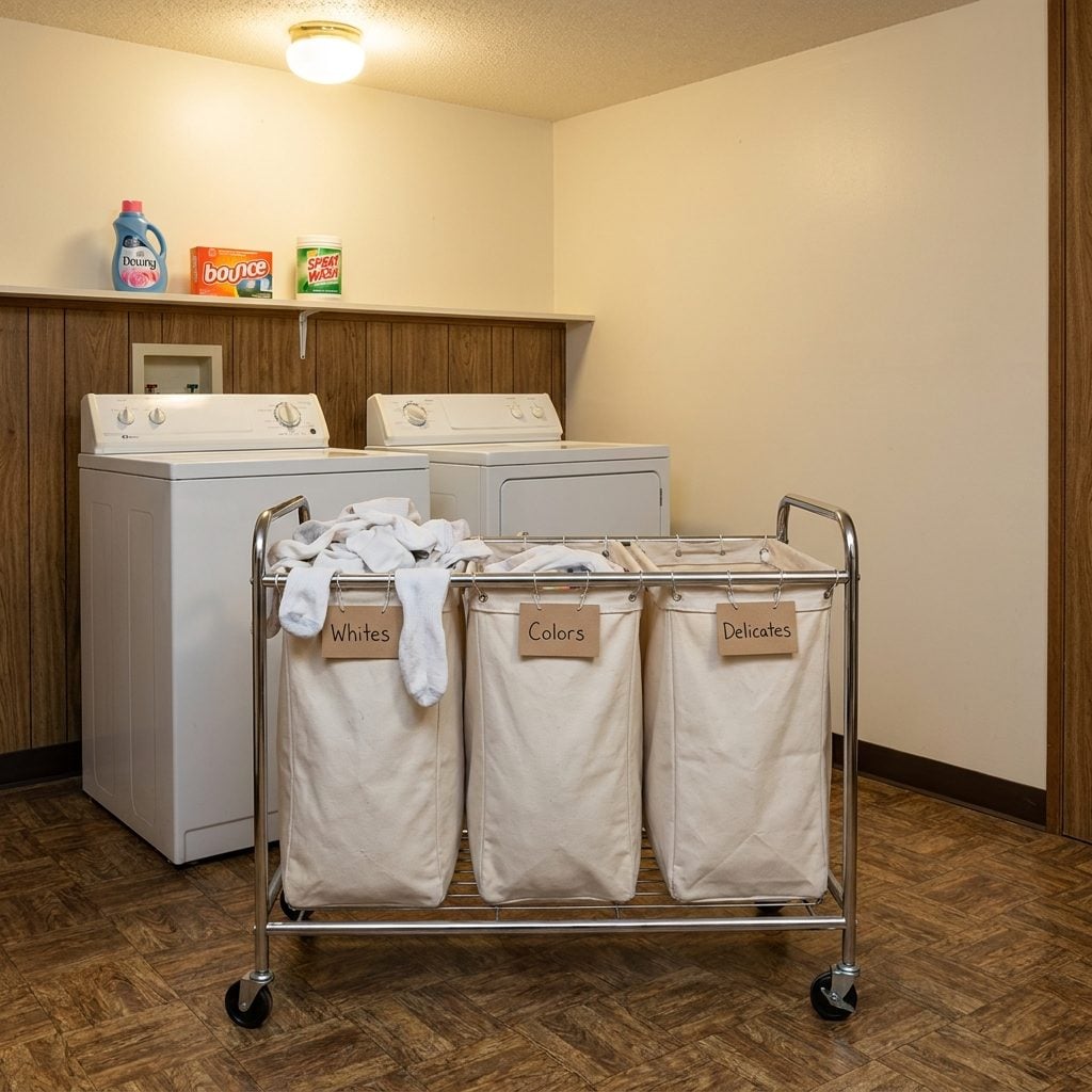 The Three-Bin Hamper System Labeled 'Whites,' 'Colors,' and 'Delicates' Like a Tiny Filing Cabinet for Dirty Clothes
