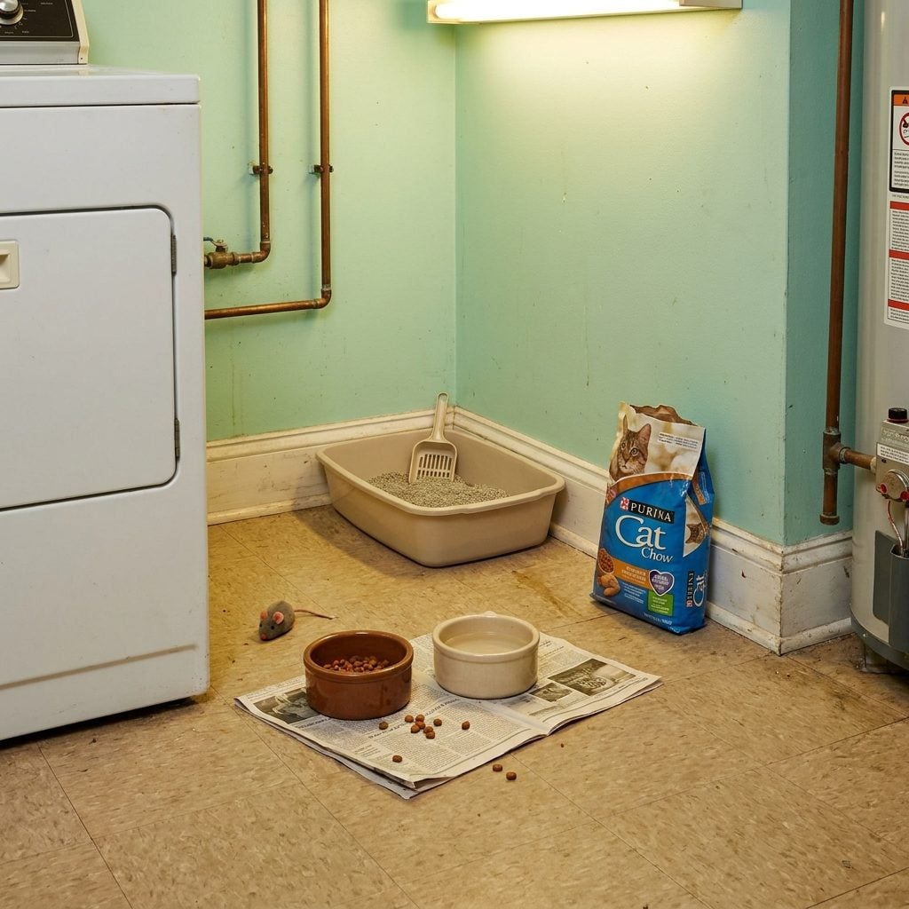 The Pet Food Bowls and Litter Box Tucked Into the Corner Like a Tiny Studio Apartment for the Cat