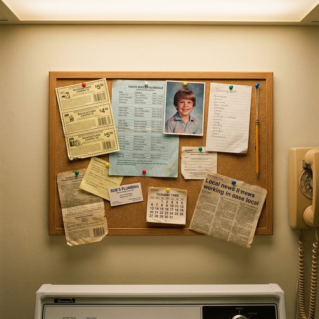 The Corkboard Covered in Coupons, Soccer Schedules, and Notes Nobody Ever Took Down