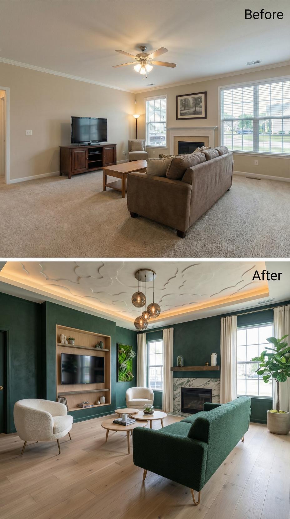 Dark Forest Green Walls and a Sculpted Tray Ceiling Swap Out Beige Entirely