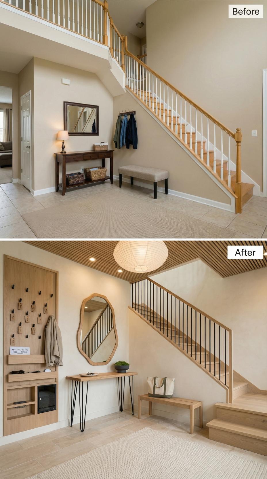 Slat Ceiling, Black Steel Balusters, and a Wall Full of Hooks Replace Oak and Beige