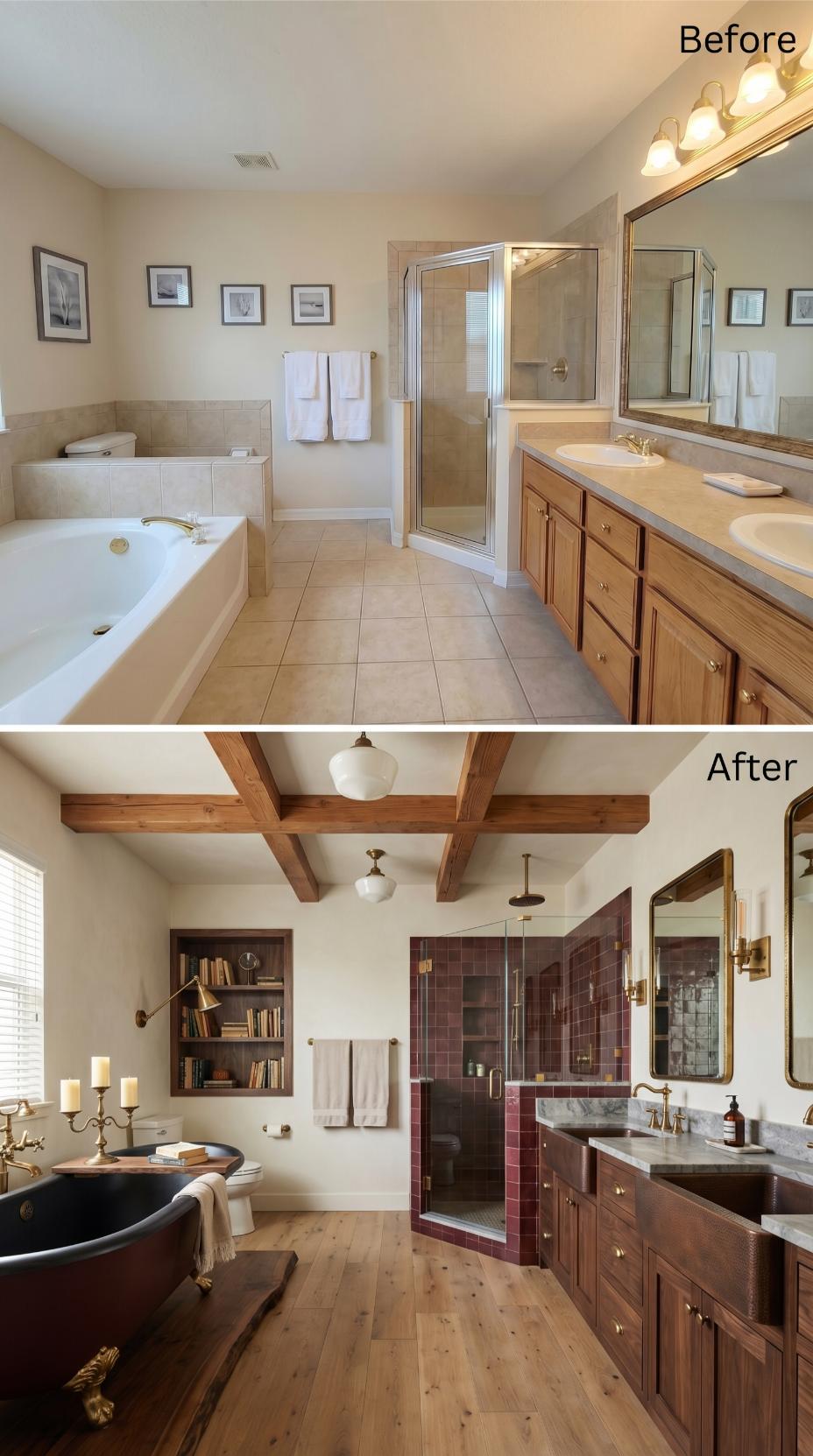 Exposed Cedar Beams, a Black Soaking Tub, and Bookshelves Built Into the Wall