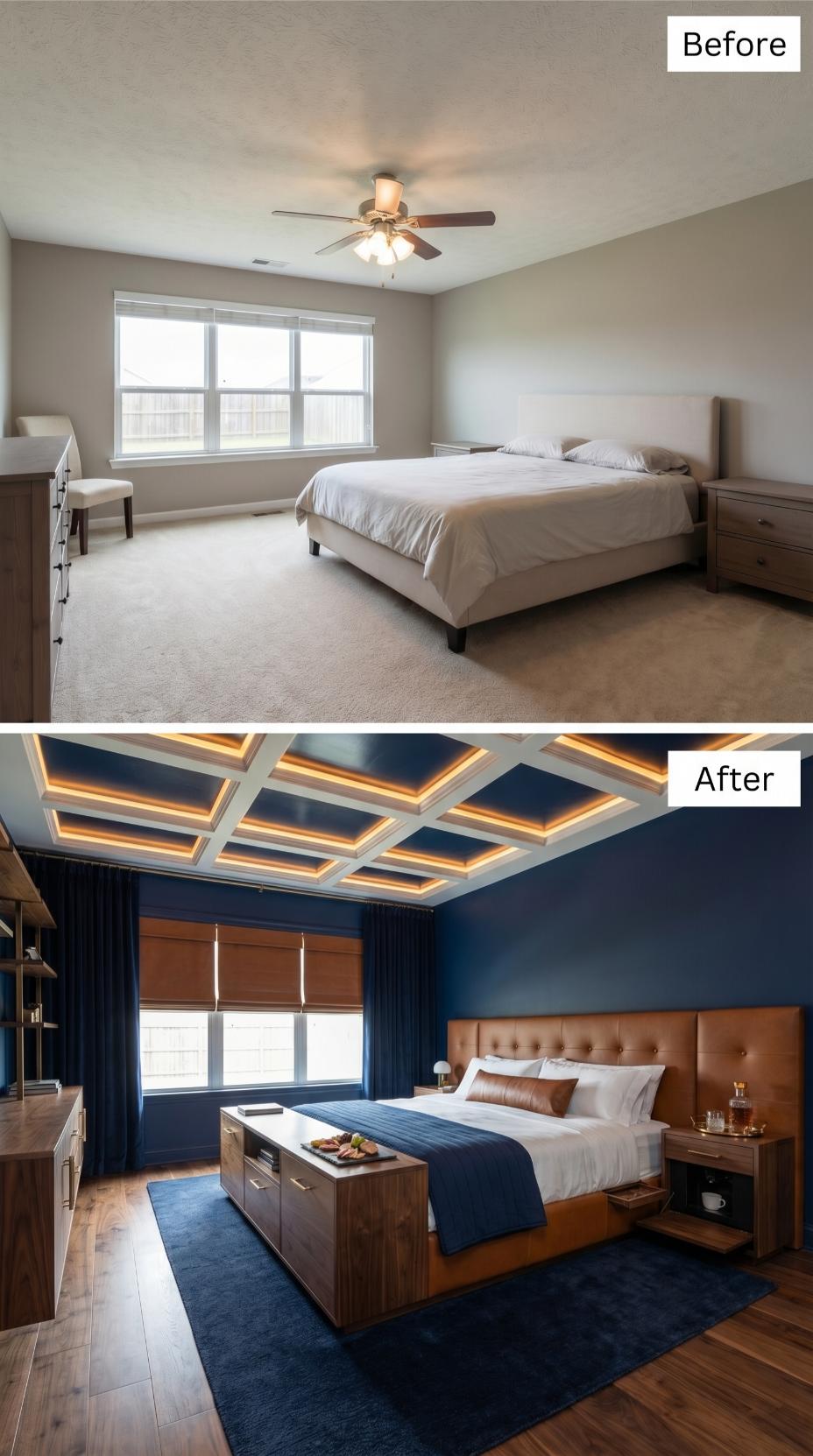 Navy Blue Coffered Ceiling with LED Coves Replaces Builder Fan and Beige Carpet