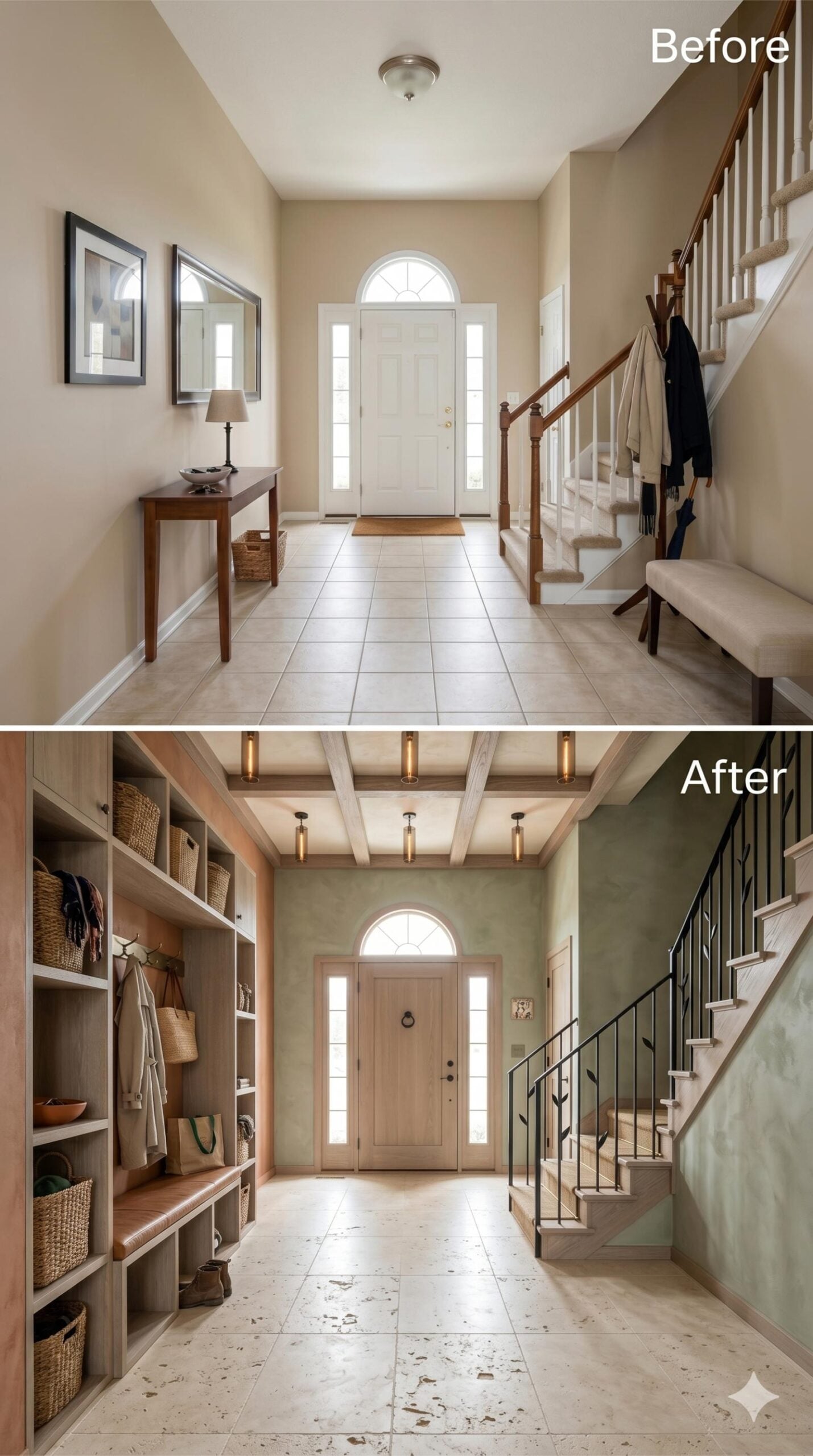 Sage Plaster Walls and Beam Ceiling Turn a Foyer Into a Functional Mudroom