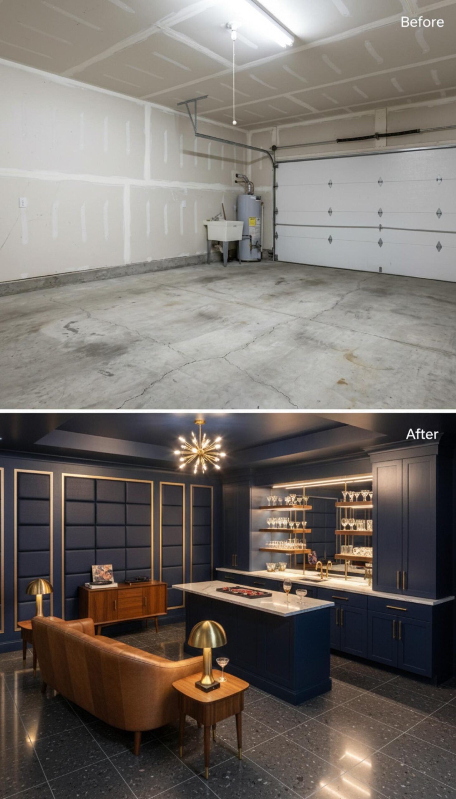 Navy Blue Panels, Brass Hardware, and a Full Bar Turn One Garage Into a Lounge