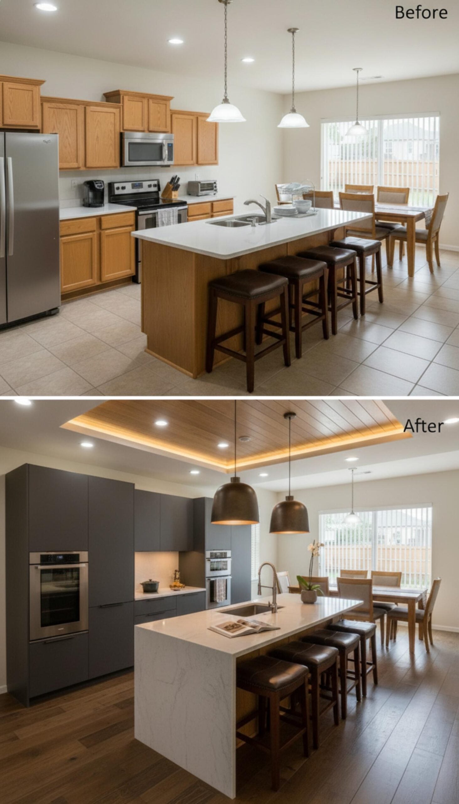 Matte Charcoal Cabinets and a Wood-Plank Ceiling Box Pull This Kitchen Into Focus