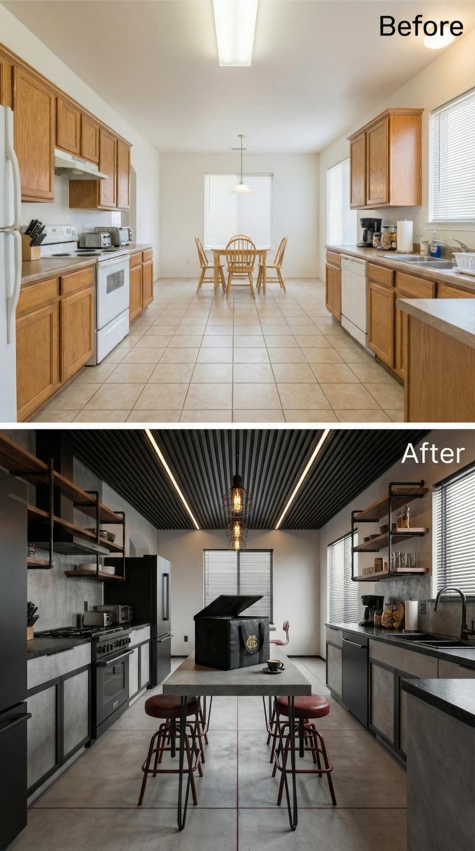 Dark Slat Ceiling and Edison Cage Pendant Replace Flush Fluorescent Box