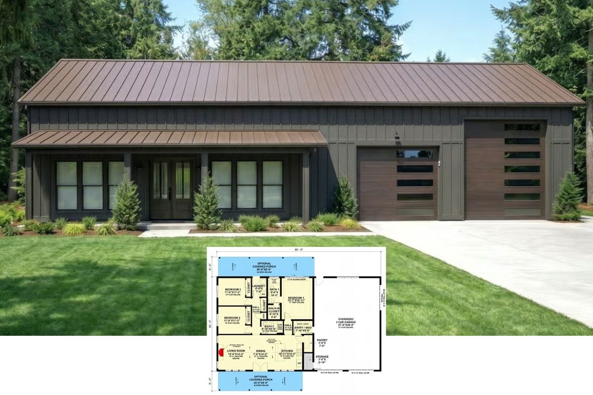 Barndominium-Style 3-Bedroom Home with RV Garage and Dual Porches (Floor Plan)