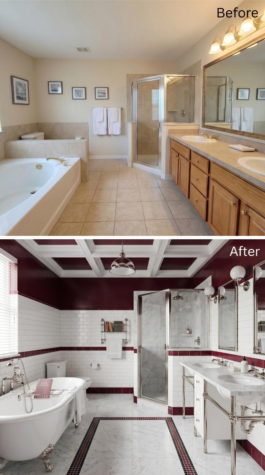 Crimson Coffered Ceiling, Chrome Clawfoot Tub, and Subway Tile That Buried the Oak Vanity