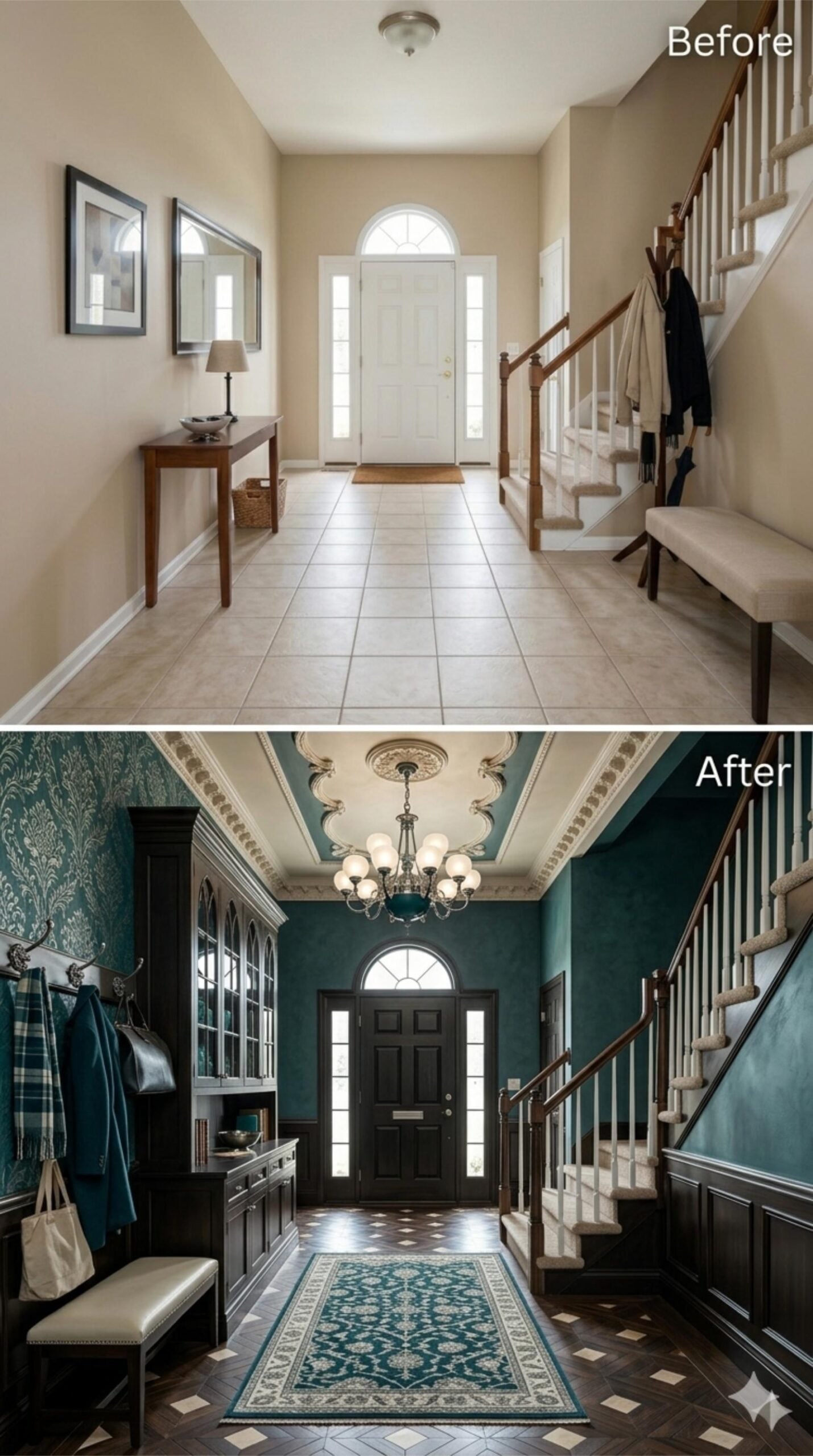 Teal Damask Wallpaper, Ornate Plaster Medallion, and Dark Built-Ins Give a Foyer Real Ceremony