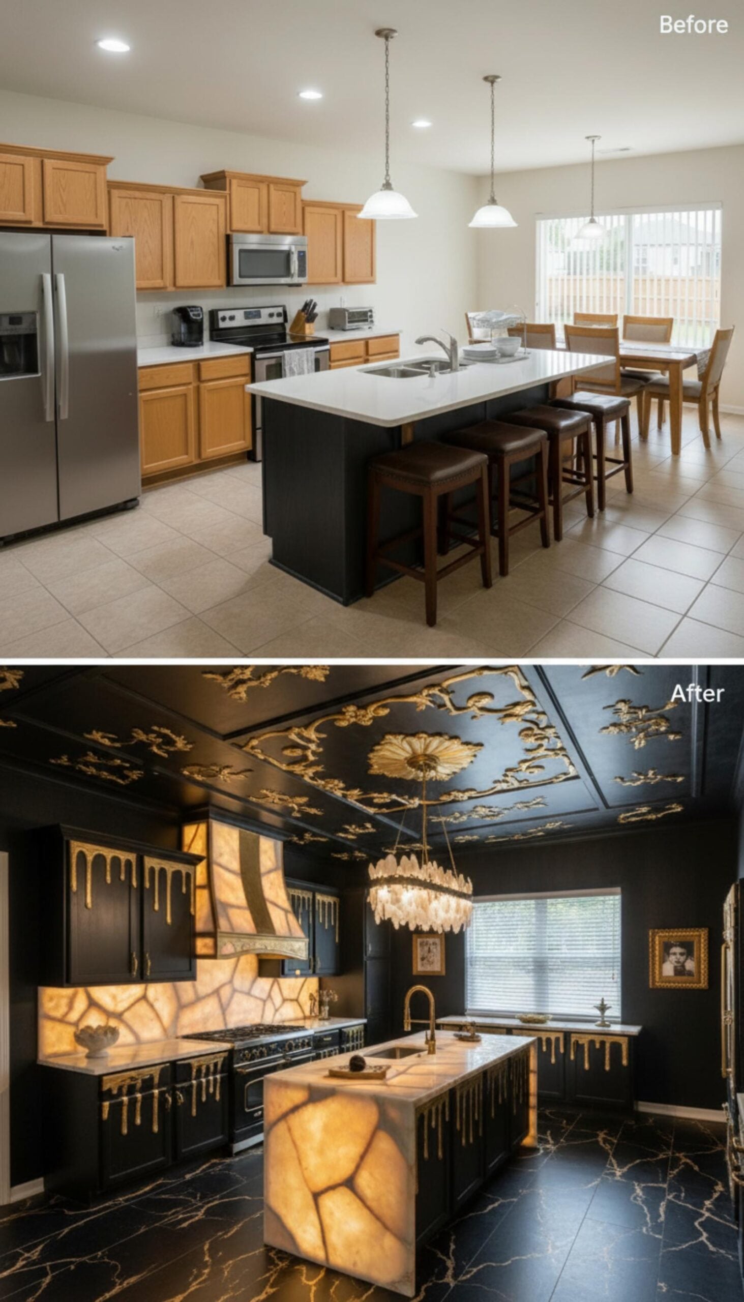 Gold Drip Cabinets, Backlit Onyx Island, and a Sculpted Ceiling Turn One Kitchen Into a Statement