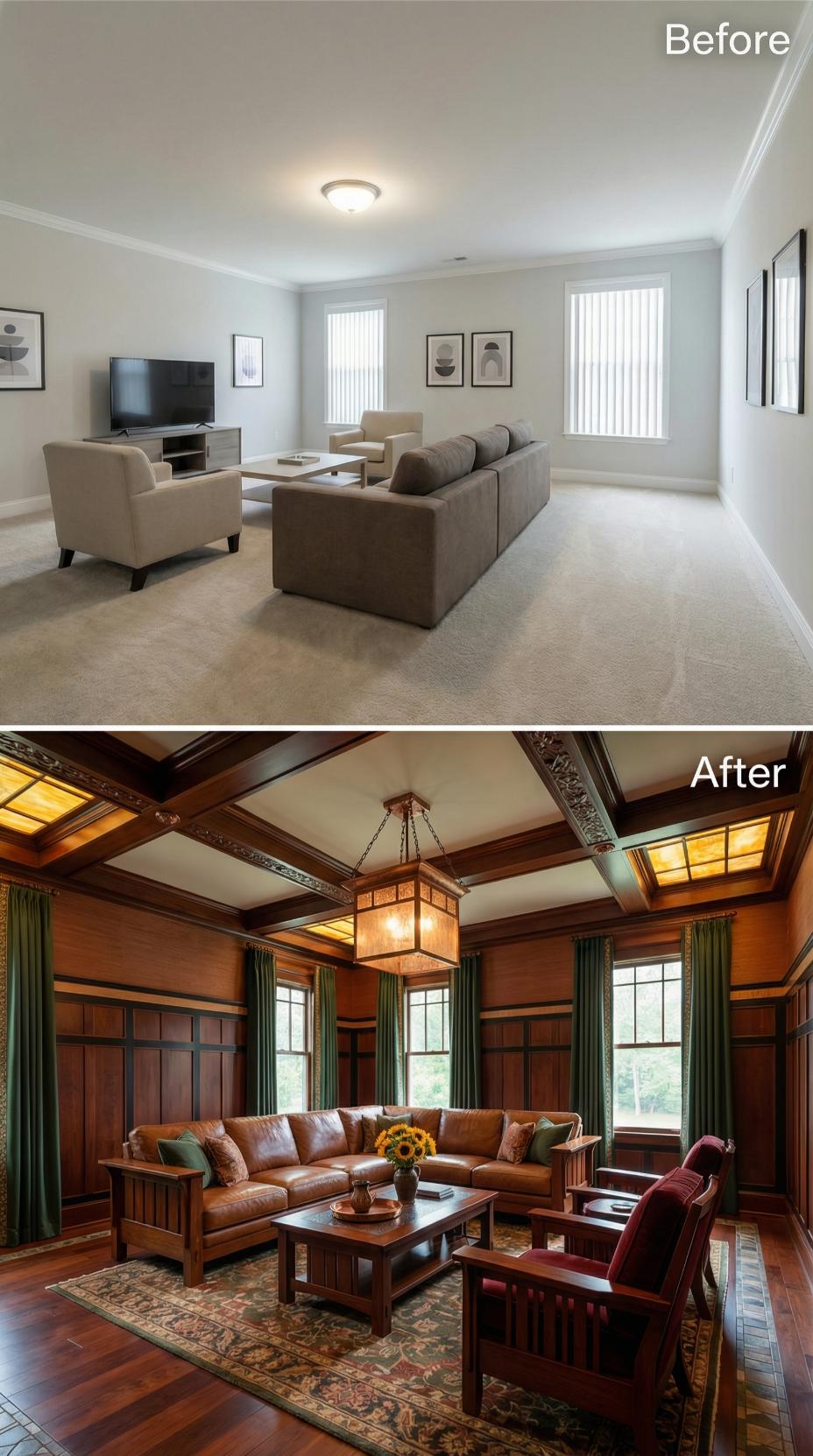 Craftsman Coffered Ceilings and Dark Leather Put Carpet and Drywall Out of Business
