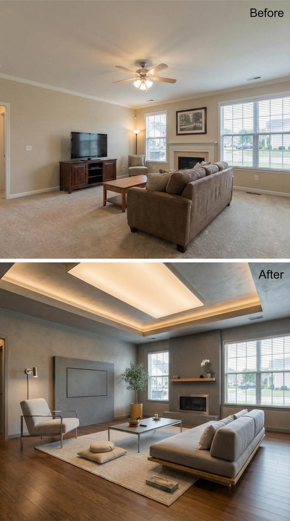 Concrete Plaster Walls and a Cove-Lit Tray Ceiling Retire Beige Carpet and a Ceiling Fan