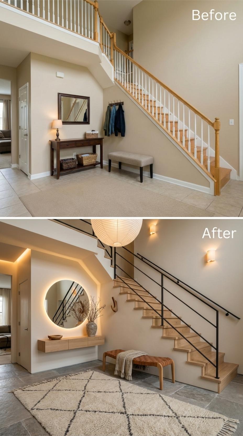 Round Mirror Backlighting and Black Steel Rails Close Out 30 Foyers in Style