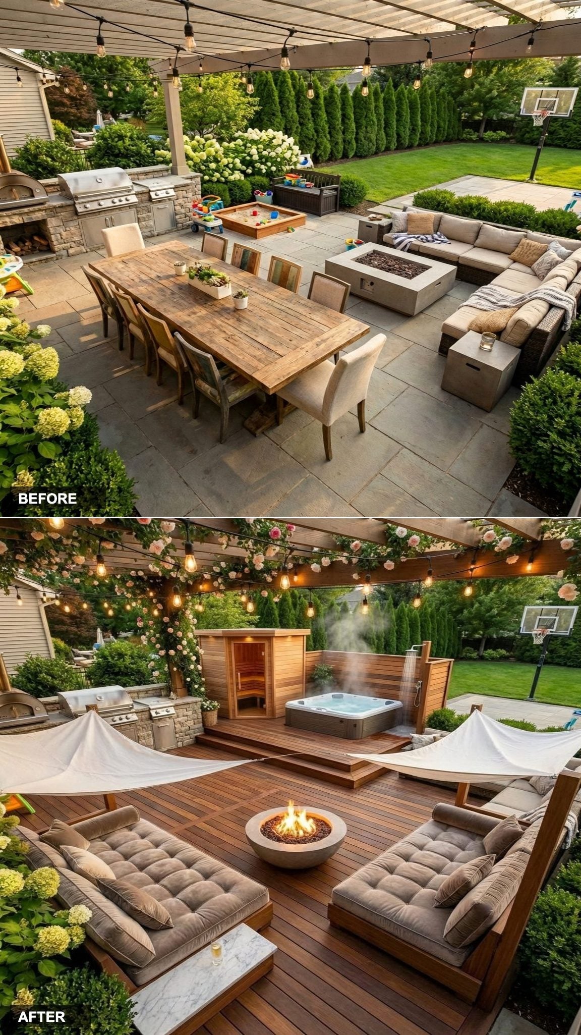 Split-Level IPE Deck: Cedar Sauna With Rain Shower Up Top, Steaming Hot Tub Below