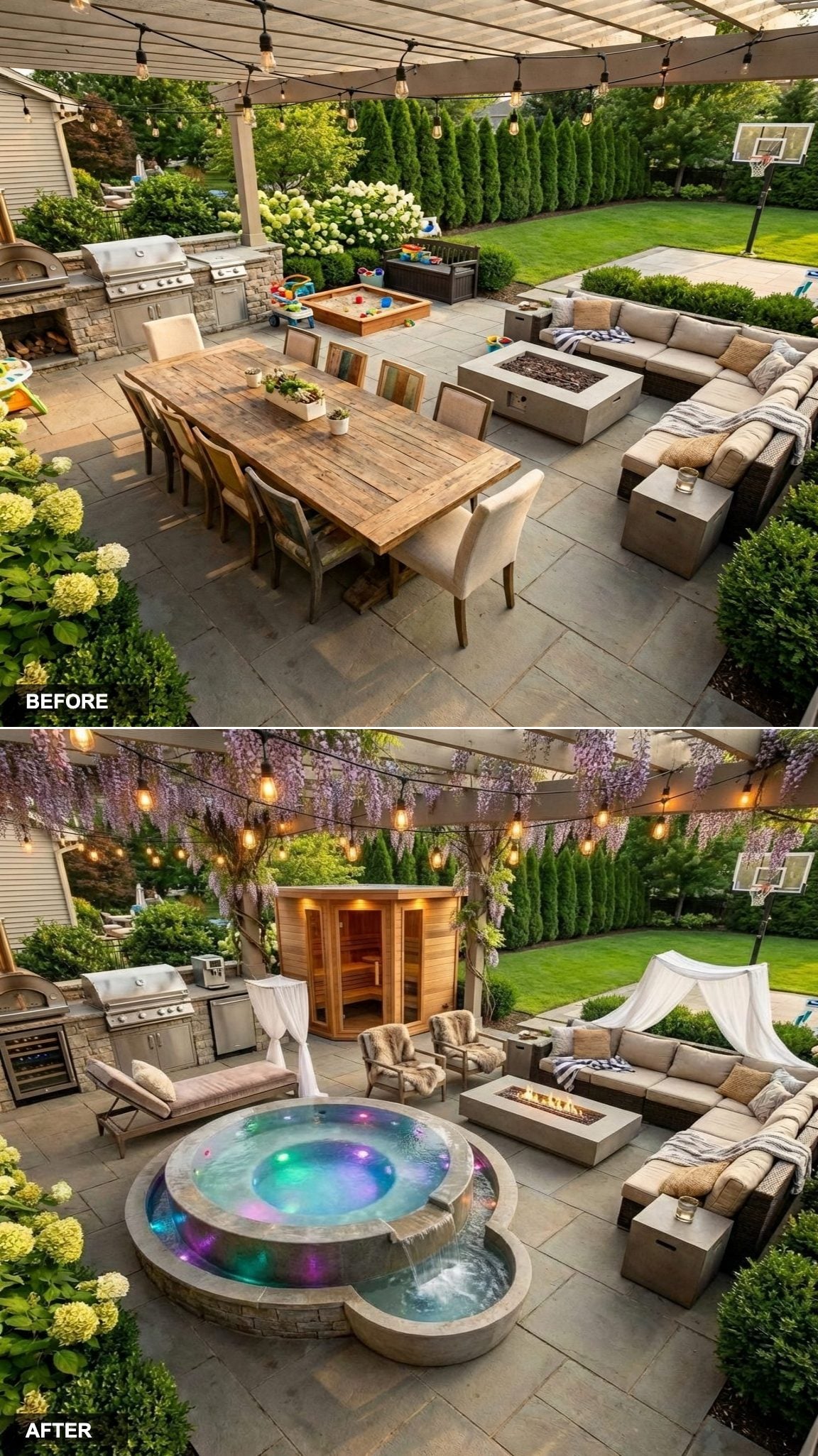 Circular Infinity Overflow Hot Tub as the Focal Point, Plush Velvet Loungers at the Perimeter