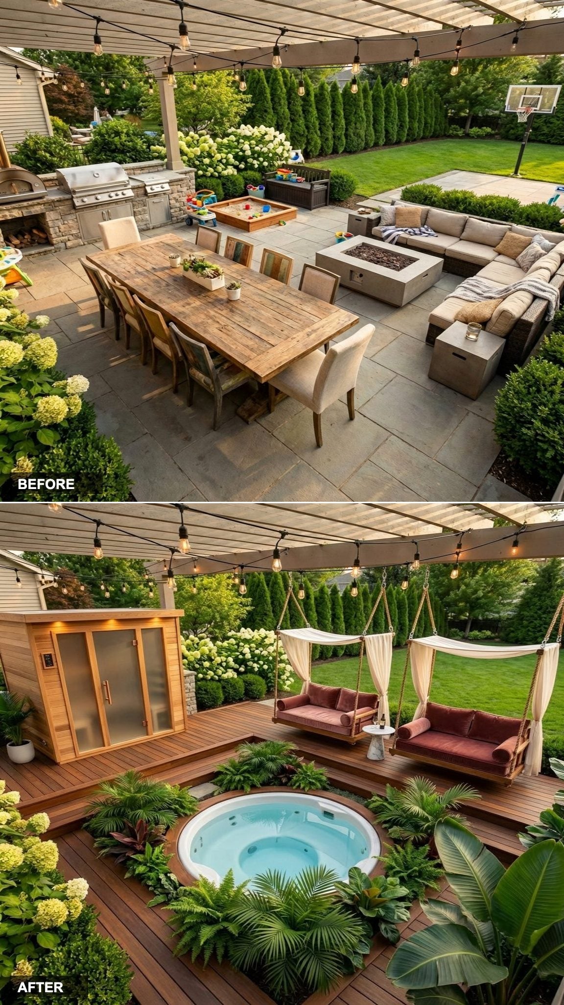 Tiered IPE Deck With Cedar Sauna, Copper Fixtures, and a Sunken Lower Lounge