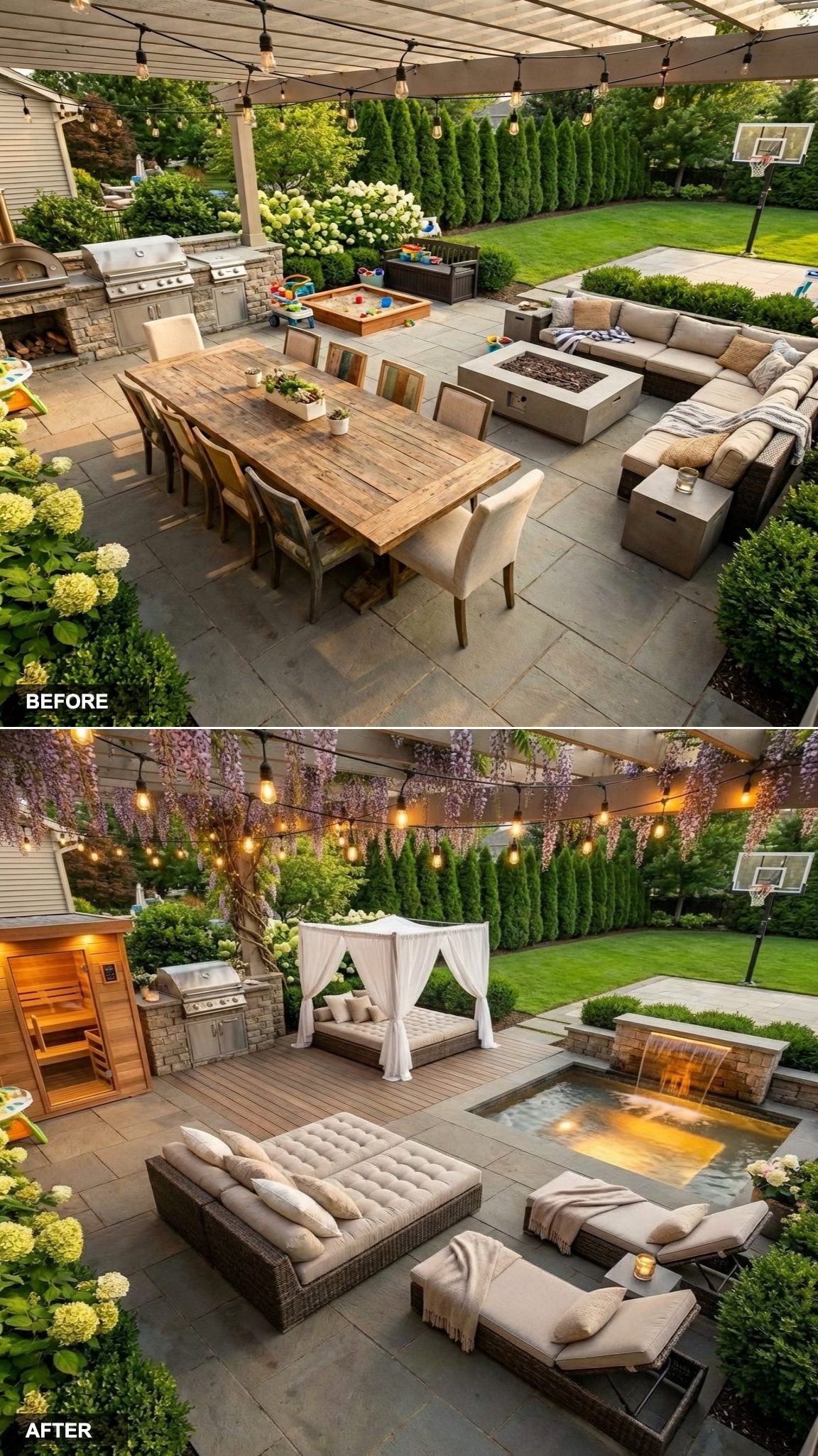 Twin Tufted Daybeds Under White Canopies With a Stone Waterfall Hot Tub as the Backdrop