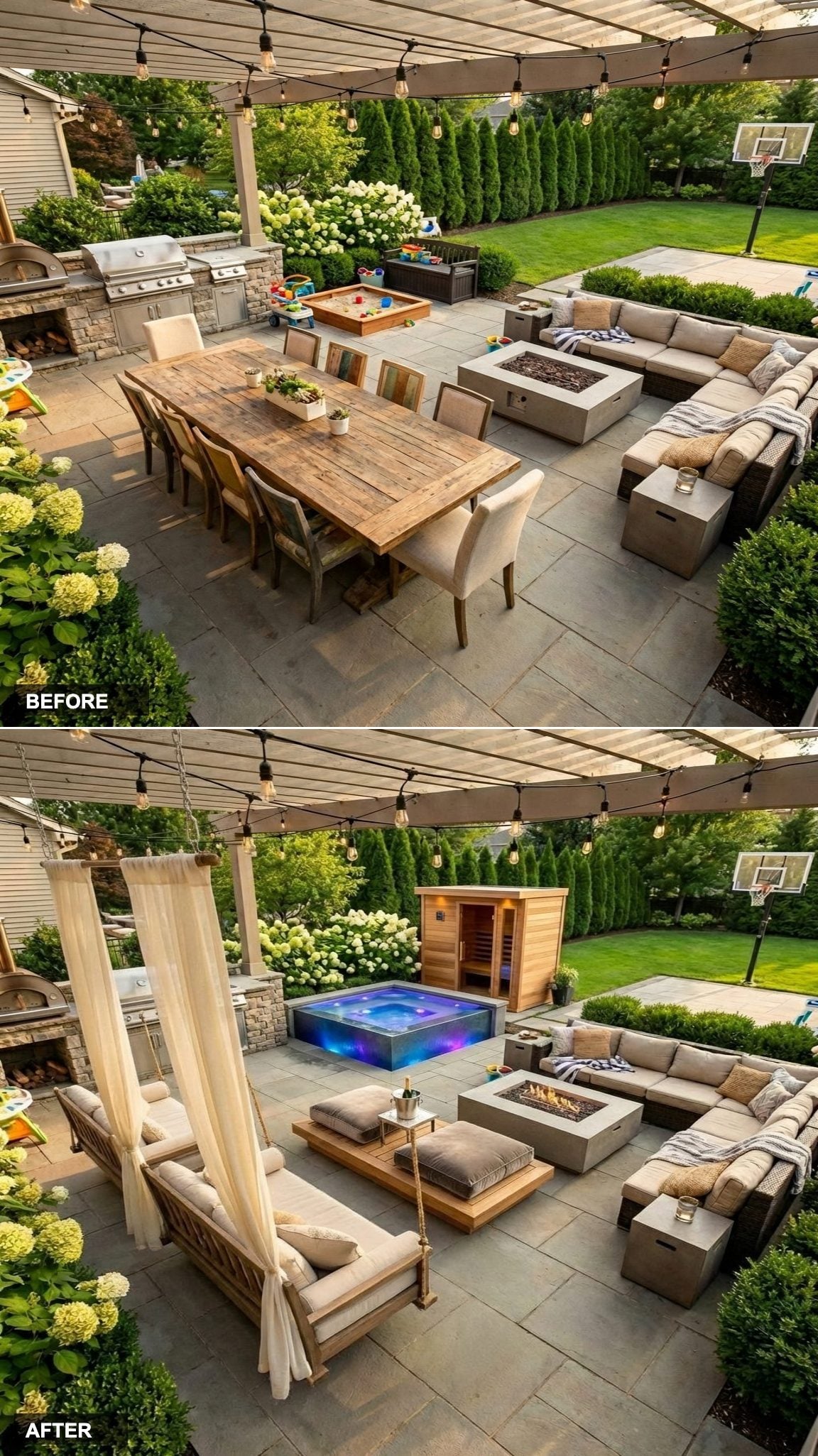 Hanging Bed Swings From a Pergola Over an Infinity-Edge Hot Tub