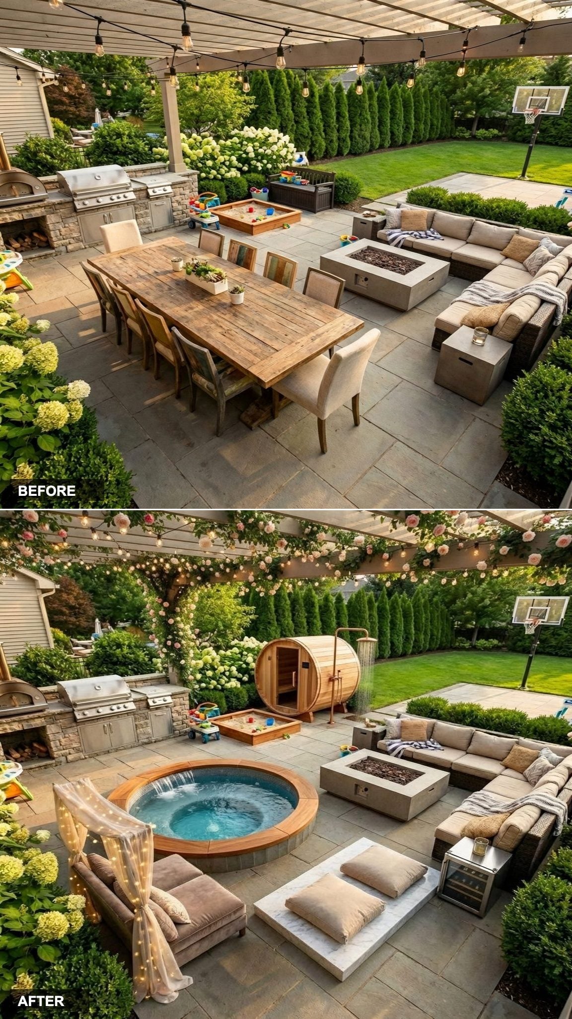 Sunken Circular Hot Tub at Center Deck With Velvet Chaise Loungers and a Canopy Overhead