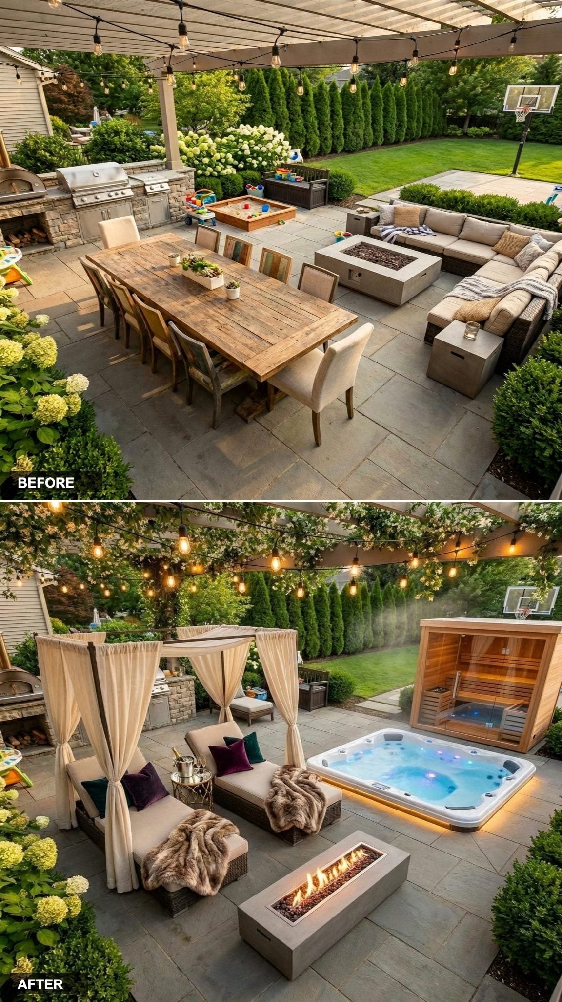 Twin Linen Cabana Daybeds With Fur Throws Facing a Hot Tub Wrapped in Tropical Planting