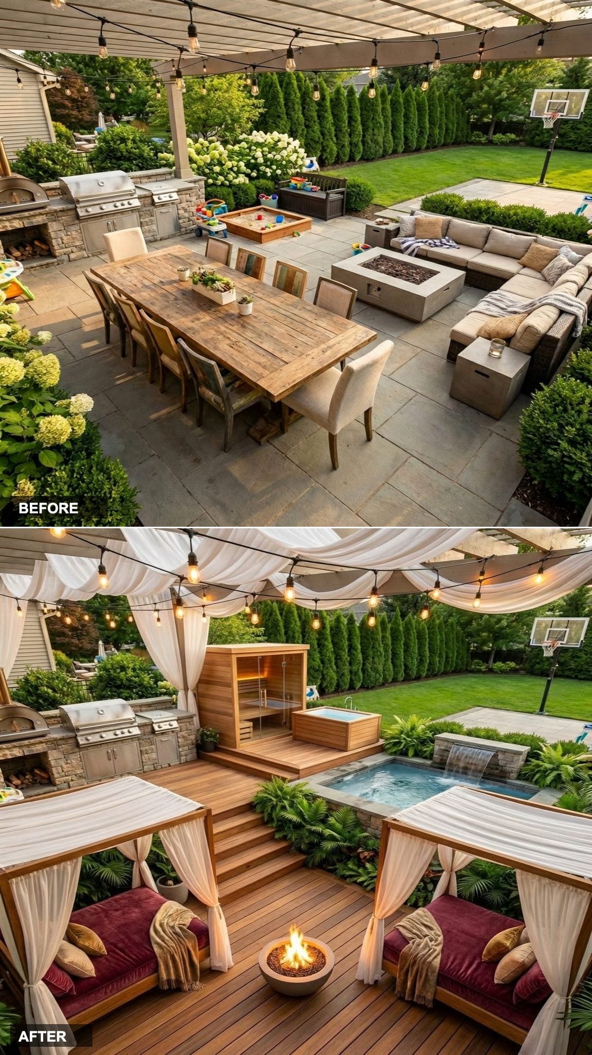 Three-Tiered Cedar Deck: Private Sauna Up Top, Hot Tub in the Middle, Plunge Pool Below