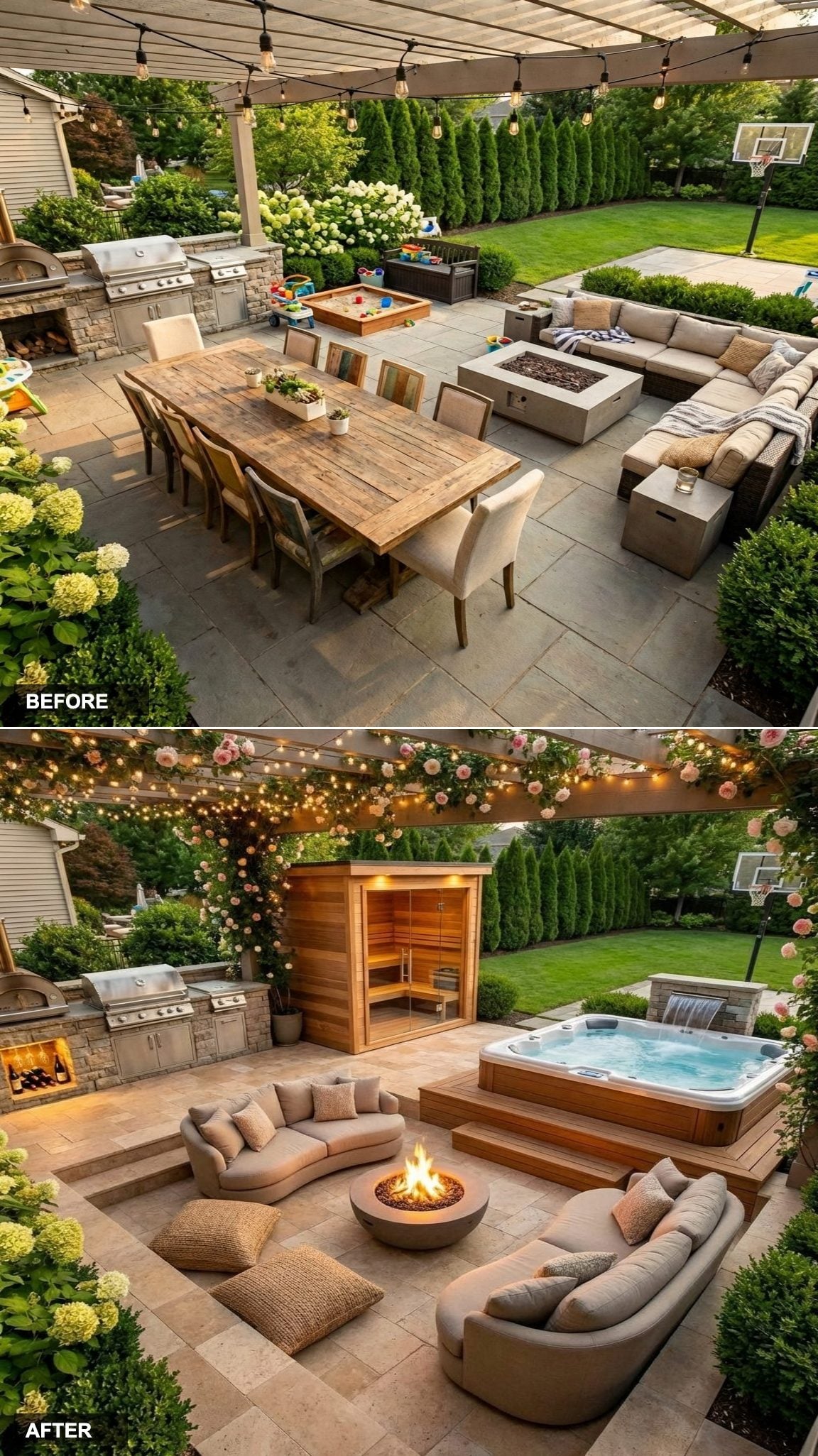 Warm Travertine Terrace With Sunken Lounge Pit, Cedar Sauna, and Soft Landscape Lighting
