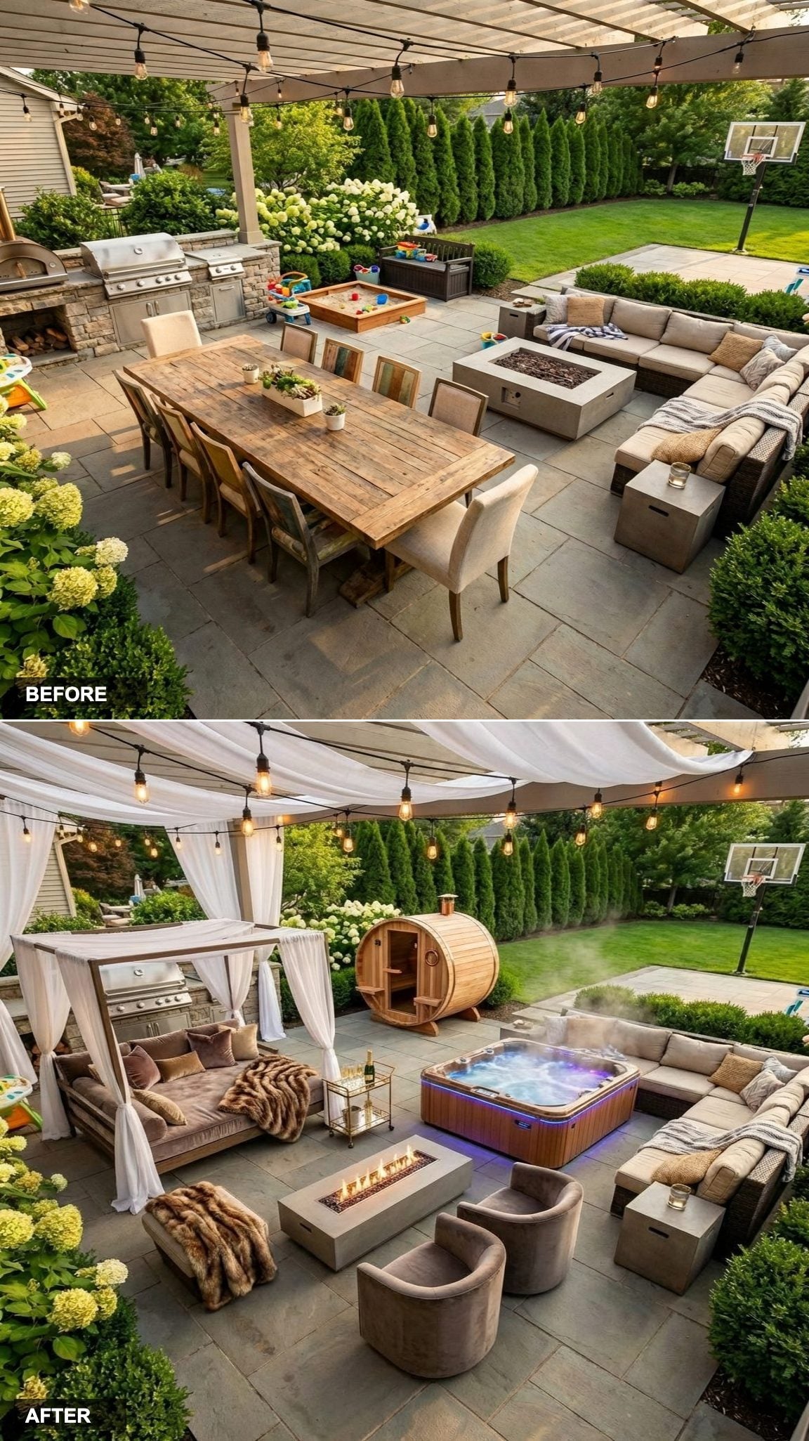 Twin Canopied Daybeds as the Centerpiece, Hot Tub Glowing With LED Chromotherapy at the Edge